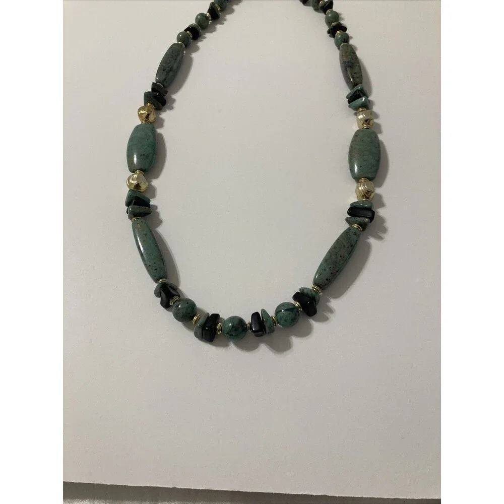 Green Black Gold Round Oval Faux Stone Long Beaded String Bohemian Necklace